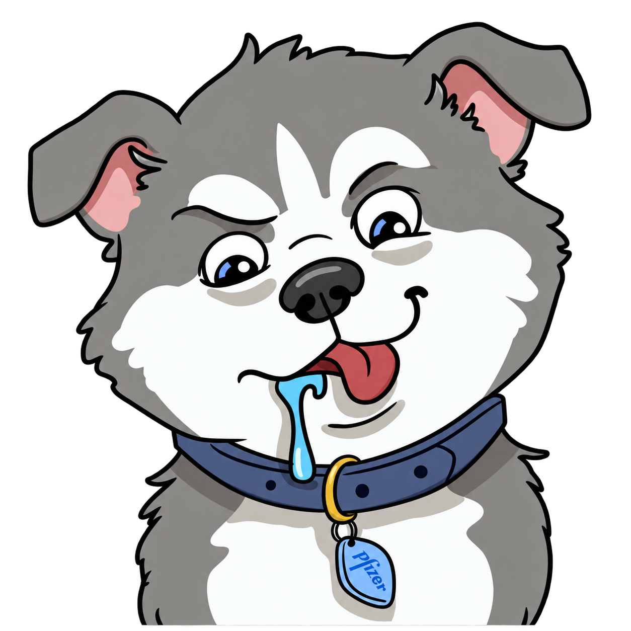 Viagra Inu, a cheeky grey and white dog with blue drool and a Pfizer collar tag